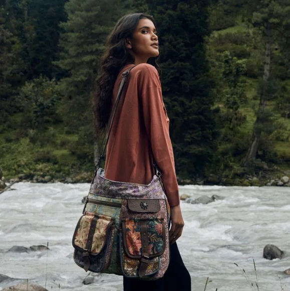 Myra Women's Shoulder Bag - Western Style Upcycled Canvas & Leather, Vintage Patchwork Design